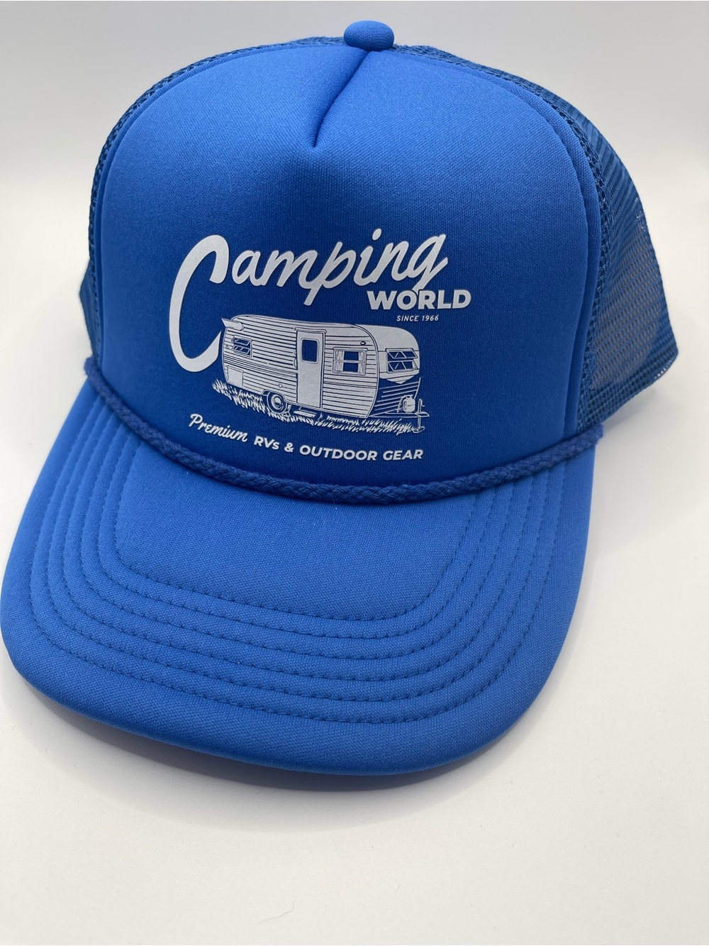 Blue Trucker Hat with White RV Graphic